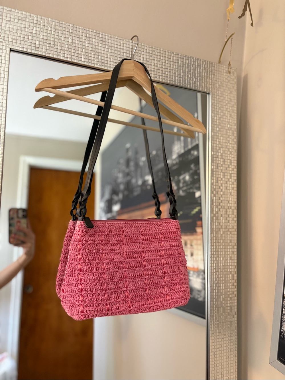Cutie Vintage Pink Crochet Shoulder Bag with Black Straps